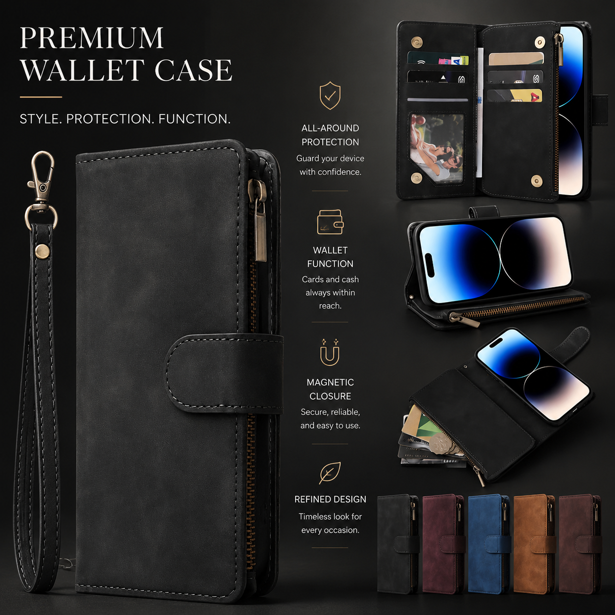 Premium iPhone Case MagSafe Compatible Leather Wallet Cover Card Holder Magnetic Closure Shockproof Protective Camera Lens Guard Slim Design