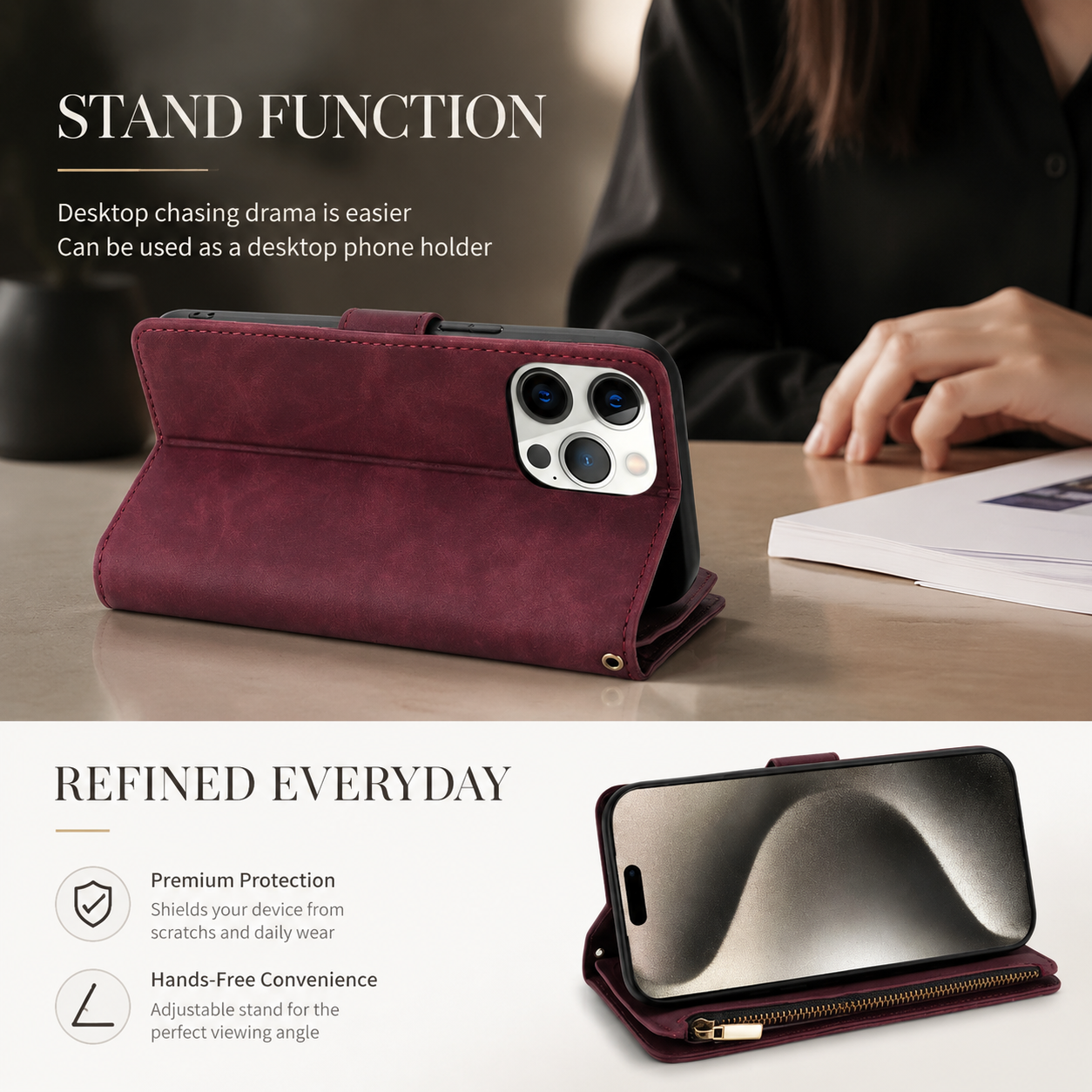 Premium iPhone Case MagSafe Compatible Leather Wallet Cover Card Holder Magnetic Closure Shockproof Protective Camera Lens Guard Slim Design