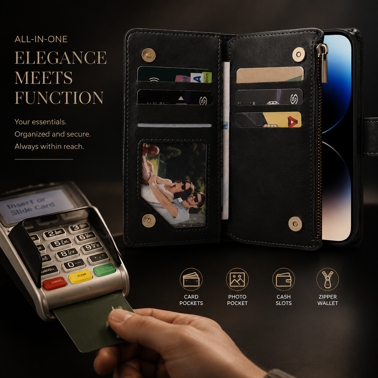 Premium iPhone Case MagSafe Compatible Leather Wallet Cover Card Holder Magnetic Closure Shockproof Protective Camera Lens Guard Slim Design