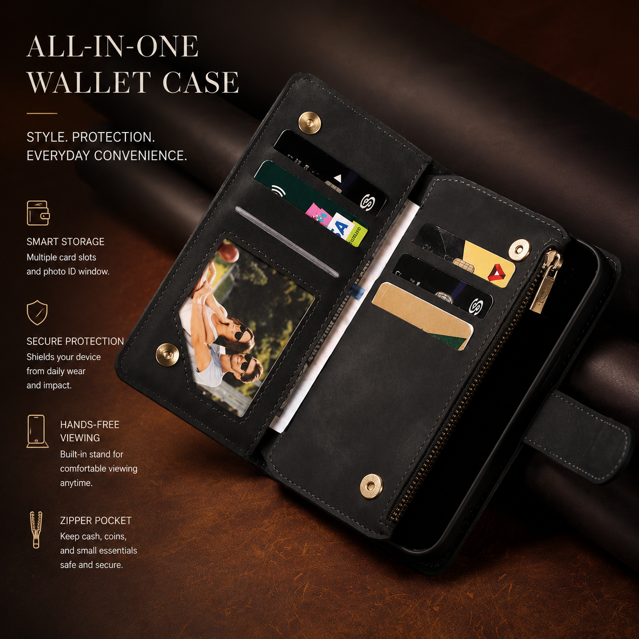 Premium iPhone Case MagSafe Compatible Leather Wallet Cover Card Holder Magnetic Closure Shockproof Protective Camera Lens Guard Slim Design