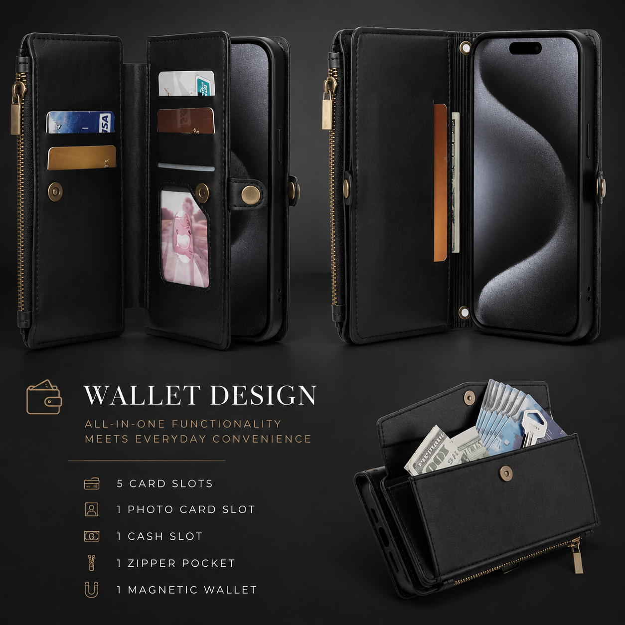 Premium iPhone Case MagSafe Compatible Leather Wallet Cover Card Holder Magnetic Closure Shockproof Protective Camera Lens Guard Slim Design