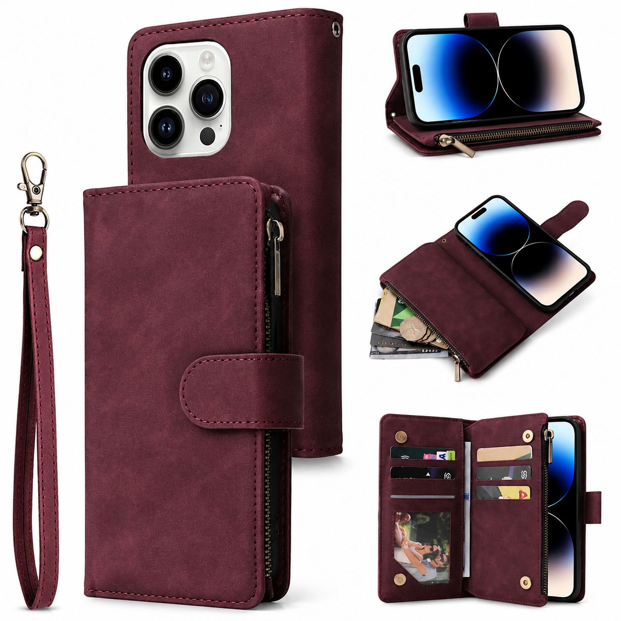 Premium iPhone Case MagSafe Compatible Leather Wallet Cover Card Holder Magnetic Closure Shockproof Protective Camera Lens Guard Slim Design