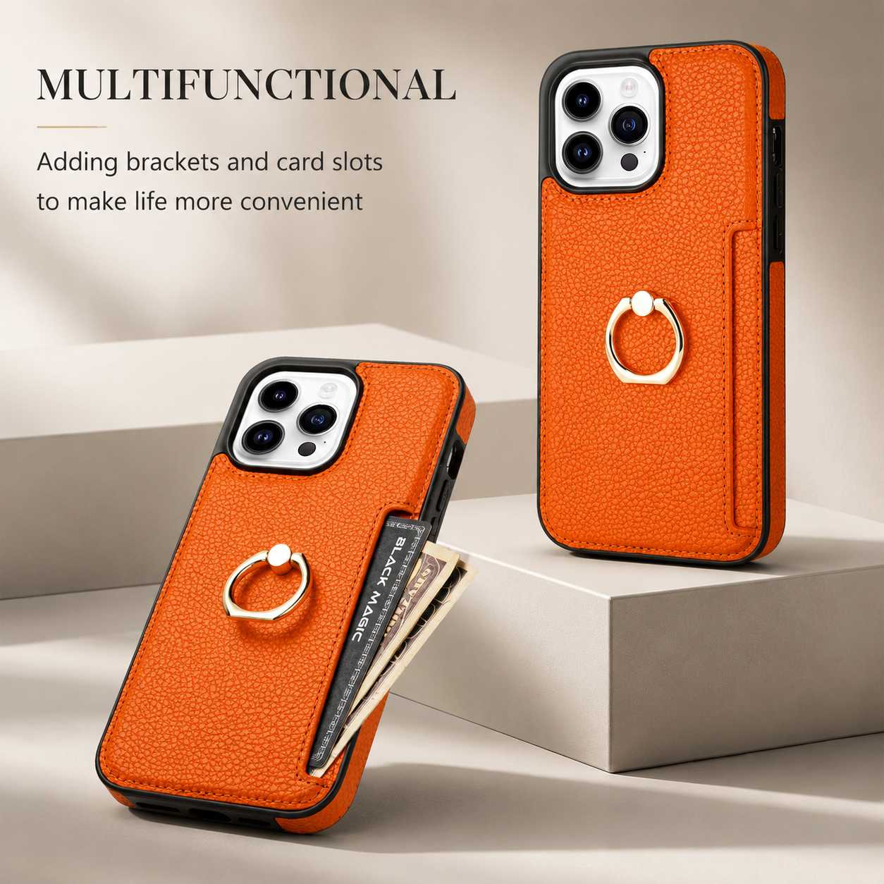 Premium iPhone Case MagSafe Compatible Leather Wallet Cover Card Holder Ring Stand Magnetic Shockproof Protective Camera Lens Protection Slim Design