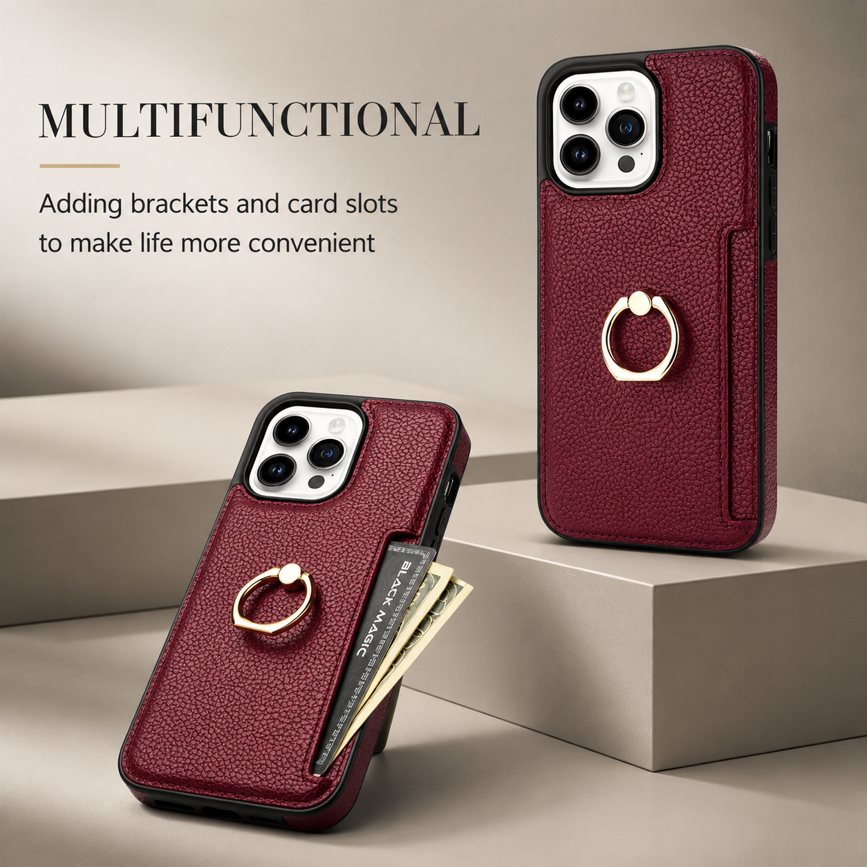 Premium iPhone Case MagSafe Compatible Leather Wallet Cover Card Holder Ring Stand Magnetic Shockproof Protective Camera Lens Protection Slim Design