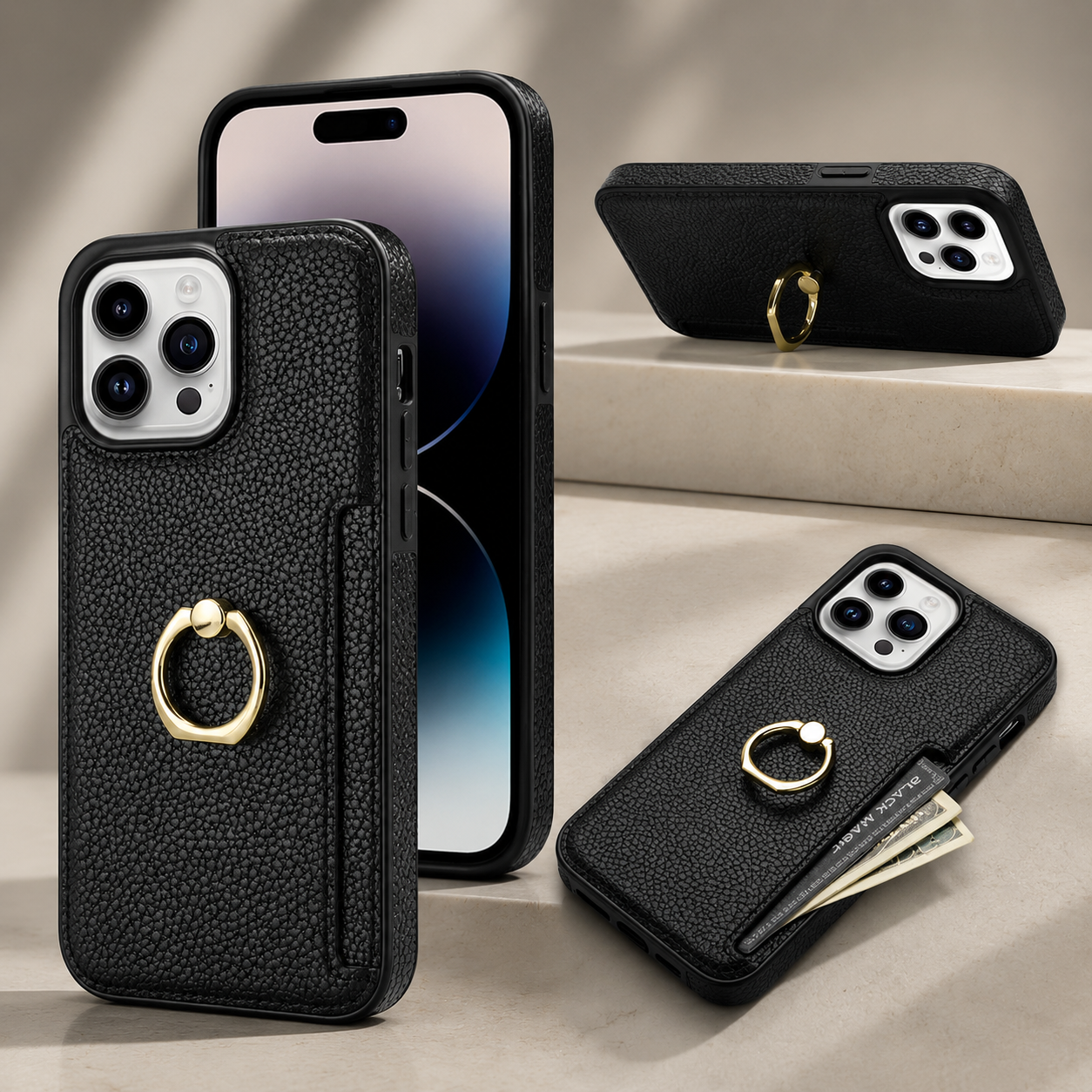 Premium iPhone Case MagSafe Compatible Leather Wallet Cover Card Holder Ring Stand Magnetic Shockproof Protective Camera Lens Protection Slim Design