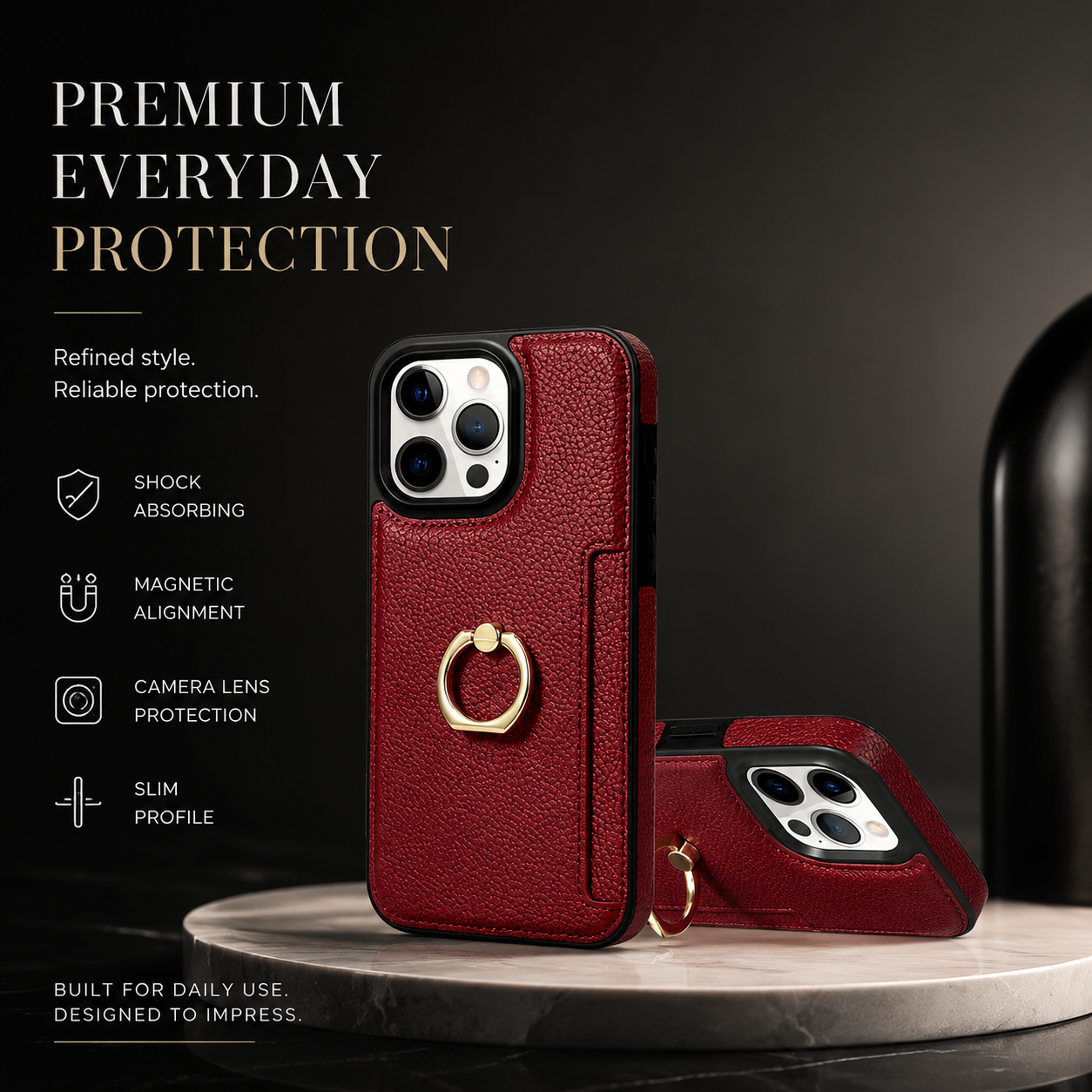 Premium iPhone Case MagSafe Compatible Leather Wallet Cover Card Holder Ring Stand Magnetic Shockproof Protective Camera Lens Protection Slim Design