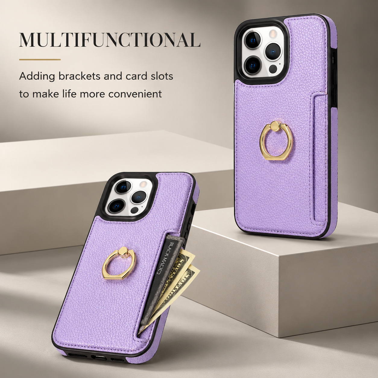 Premium iPhone Case MagSafe Compatible Leather Wallet Cover Card Holder Ring Stand Magnetic Shockproof Protective Camera Lens Protection Slim Design