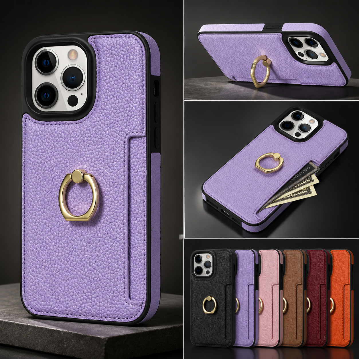 Premium iPhone Case MagSafe Compatible Leather Wallet Cover Card Holder Ring Stand Magnetic Shockproof Protective Camera Lens Protection Slim Design