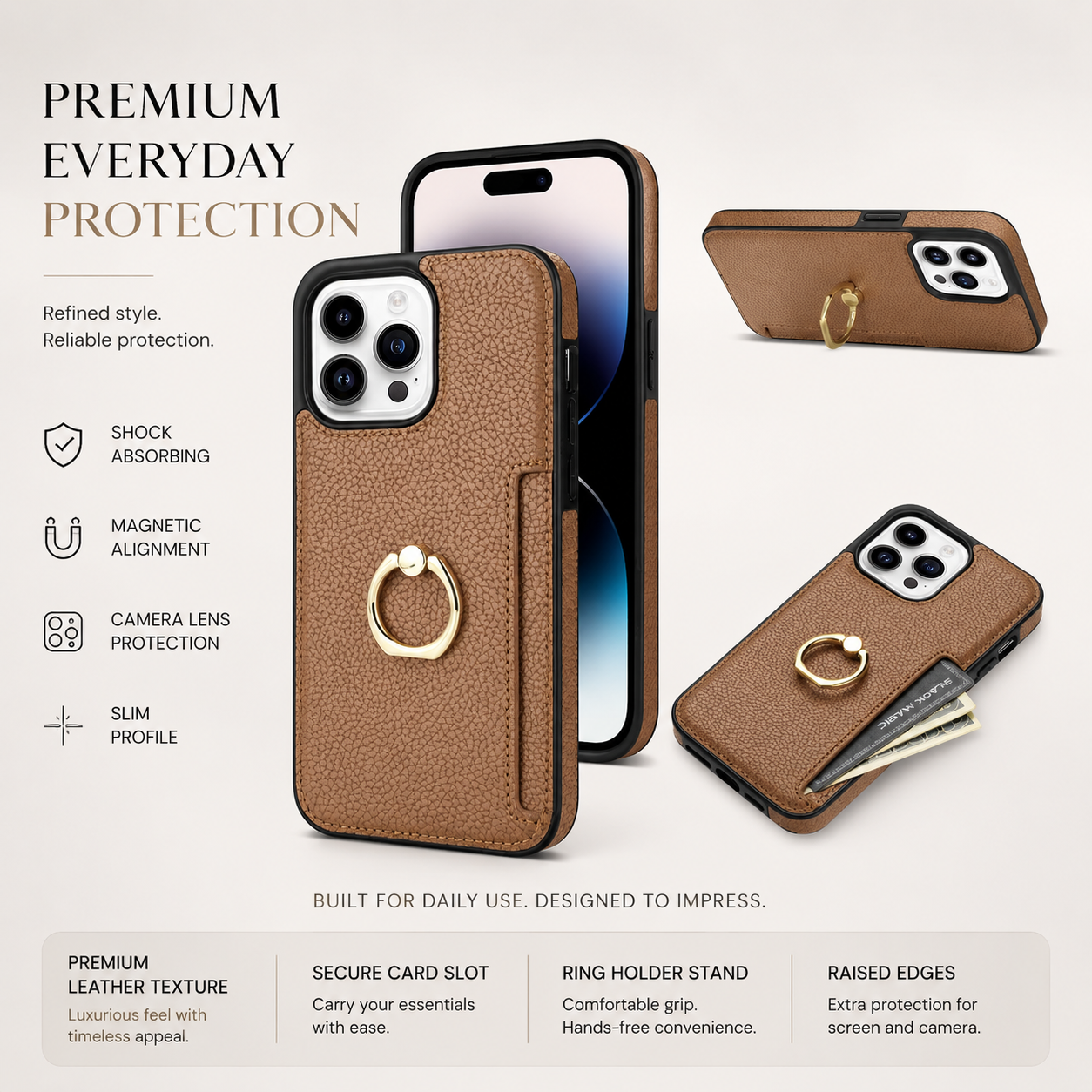 Premium iPhone Case MagSafe Compatible Leather Wallet Cover Card Holder Ring Stand Magnetic Shockproof Protective Camera Lens Protection Slim Design