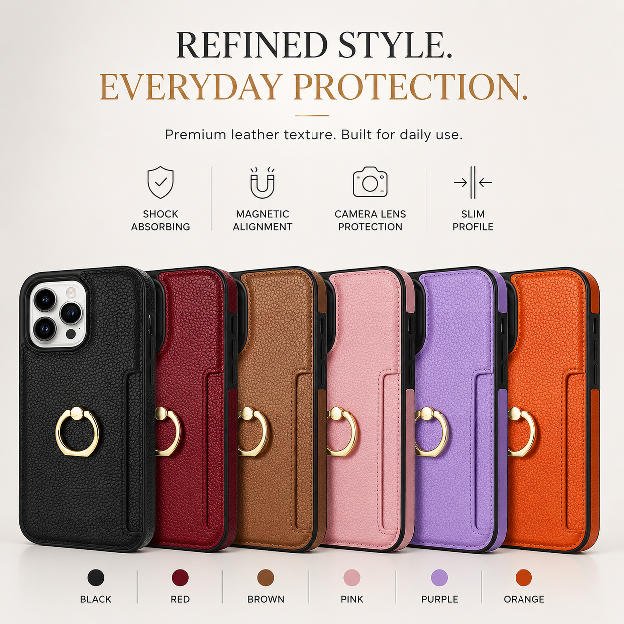 Premium iPhone Case MagSafe Compatible Leather Wallet Cover Card Holder Ring Stand Magnetic Shockproof Protective Camera Lens Protection Slim Design