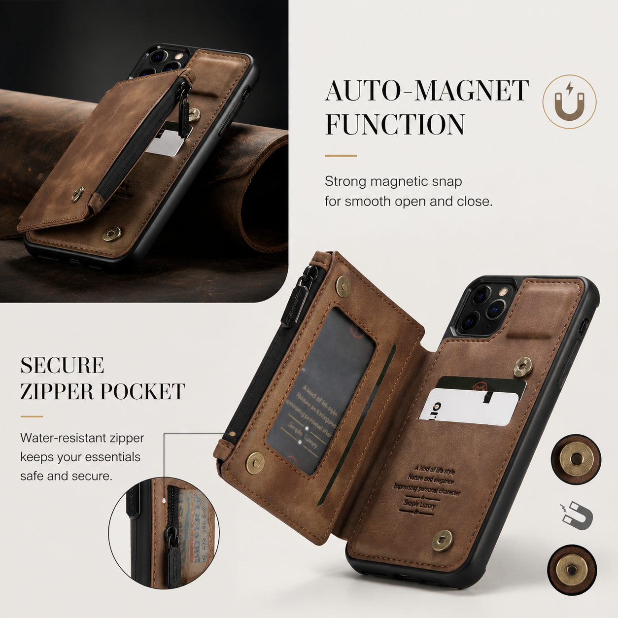 Premium iPhone Case MagSafe Compatible Leather Wallet Cover Card Holder Stand Magnetic Shockproof Protective Camera Lens Protection Slim Design