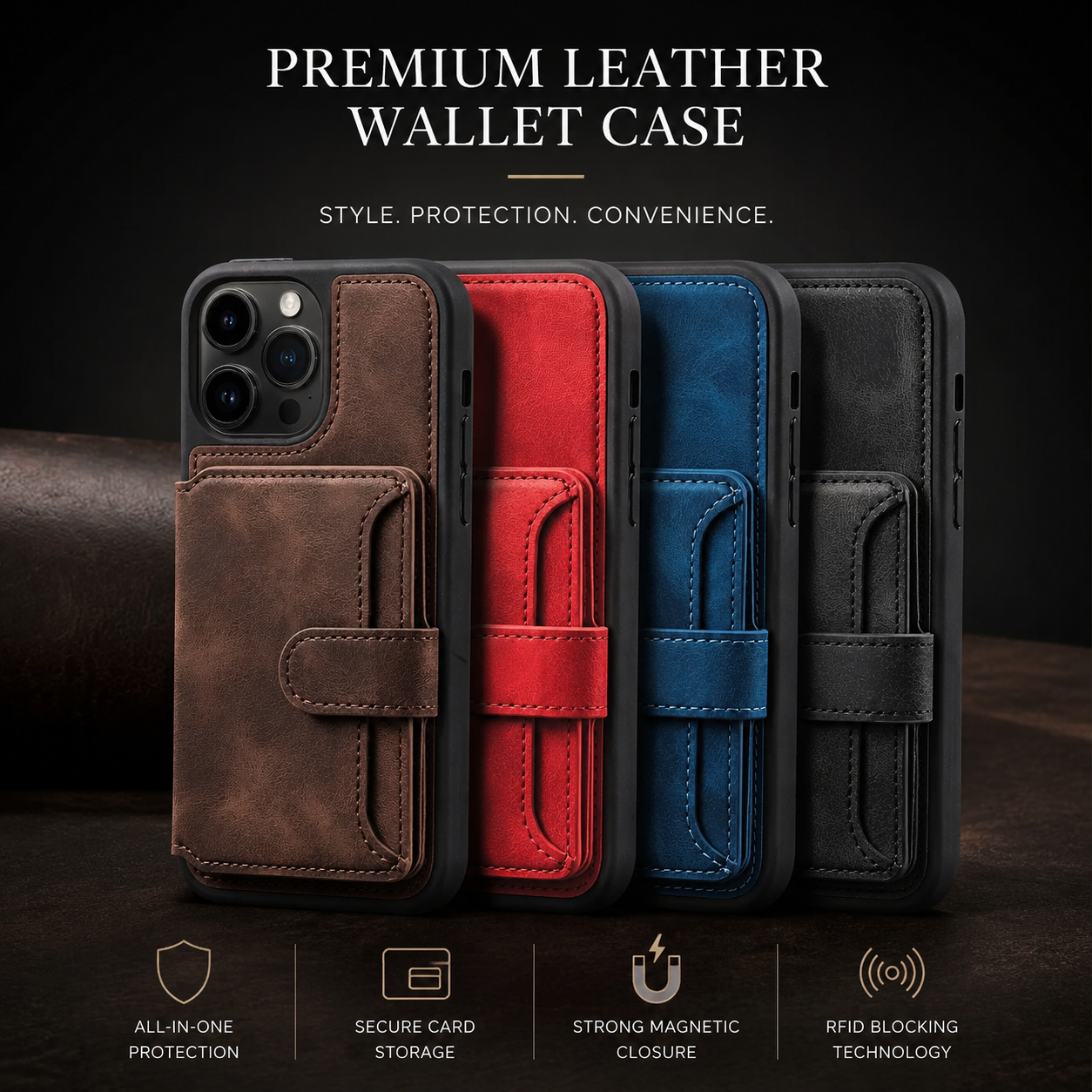 Premium iPhone Case MagSafe Compatible Leather Wallet Cover Card Holder Stand Magnetic Shockproof Protective Camera Lens Protection Slim Design