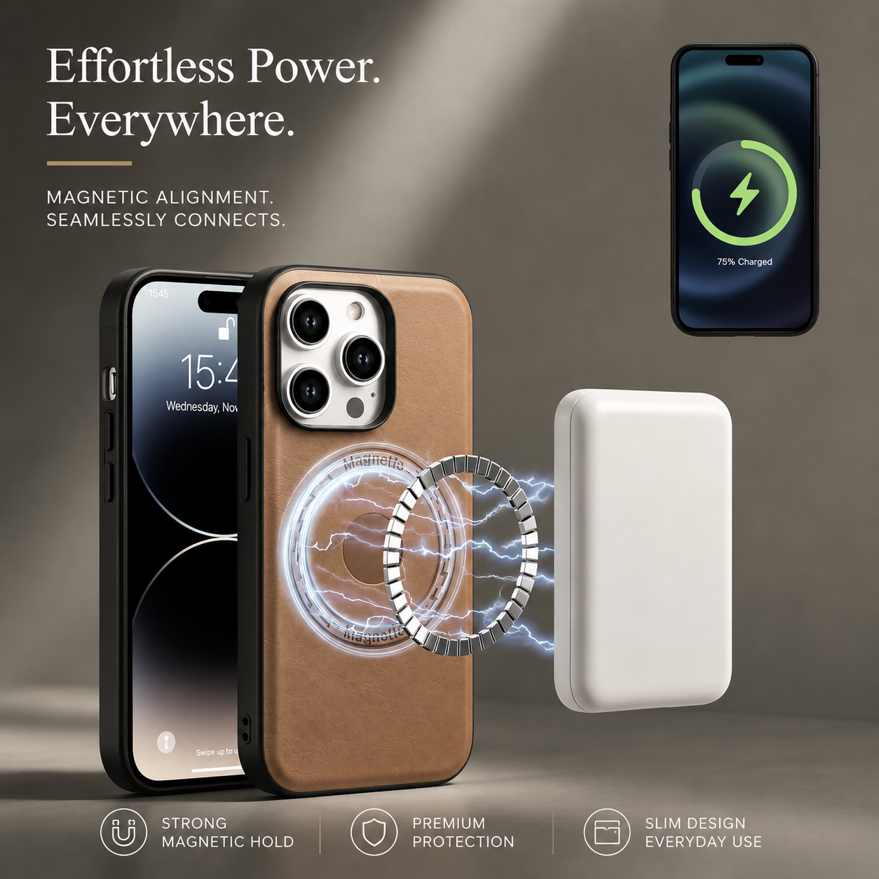 Premium iPhone Case MagSafe Compatible Leather Wallet Cover Magnetic Card Holder Shockproof Protective Camera Lens Guard Slim Design