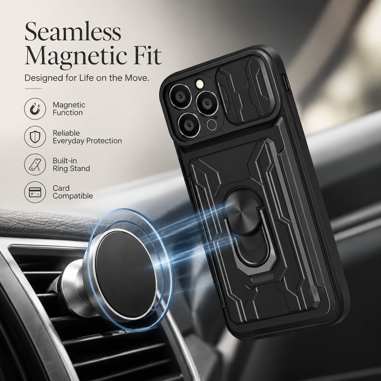 Premium iPhone Case MagSafe Compatible Liquid Silicone Wallet Cover Card Holder Ring Stand Magnetic Shockproof Protective Camera Lens Protection Slim Design