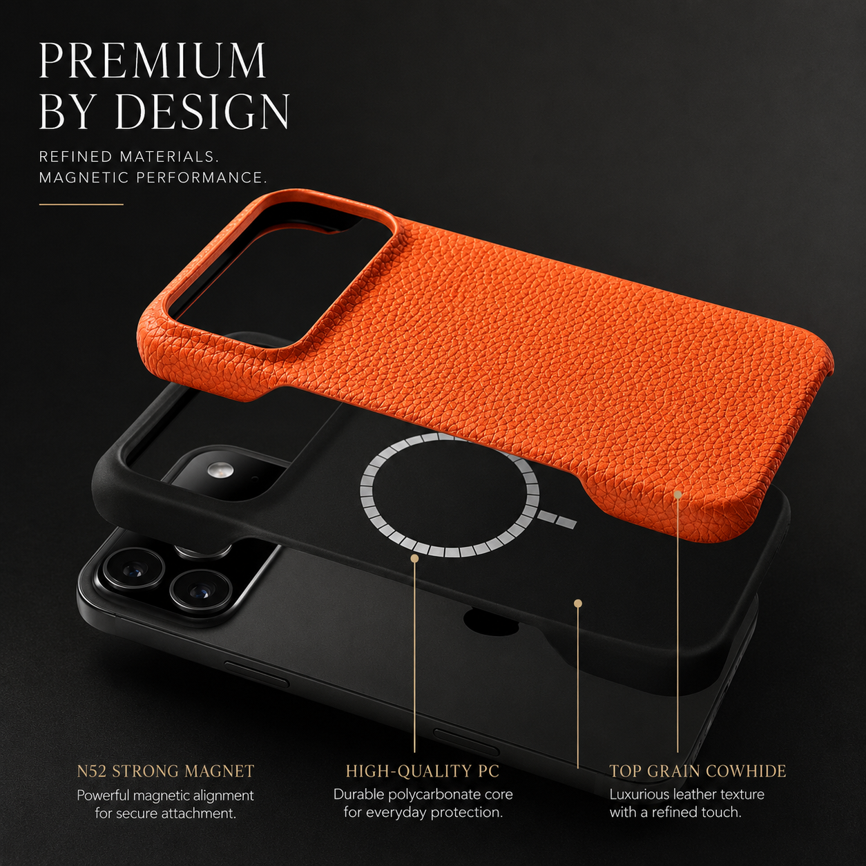 Premium iPhone Case MagSafe Compatible Lychee Cowhide Leather Luxury PC Shockproof Protective Cover Slim Full Coverage Magnetic Back Case