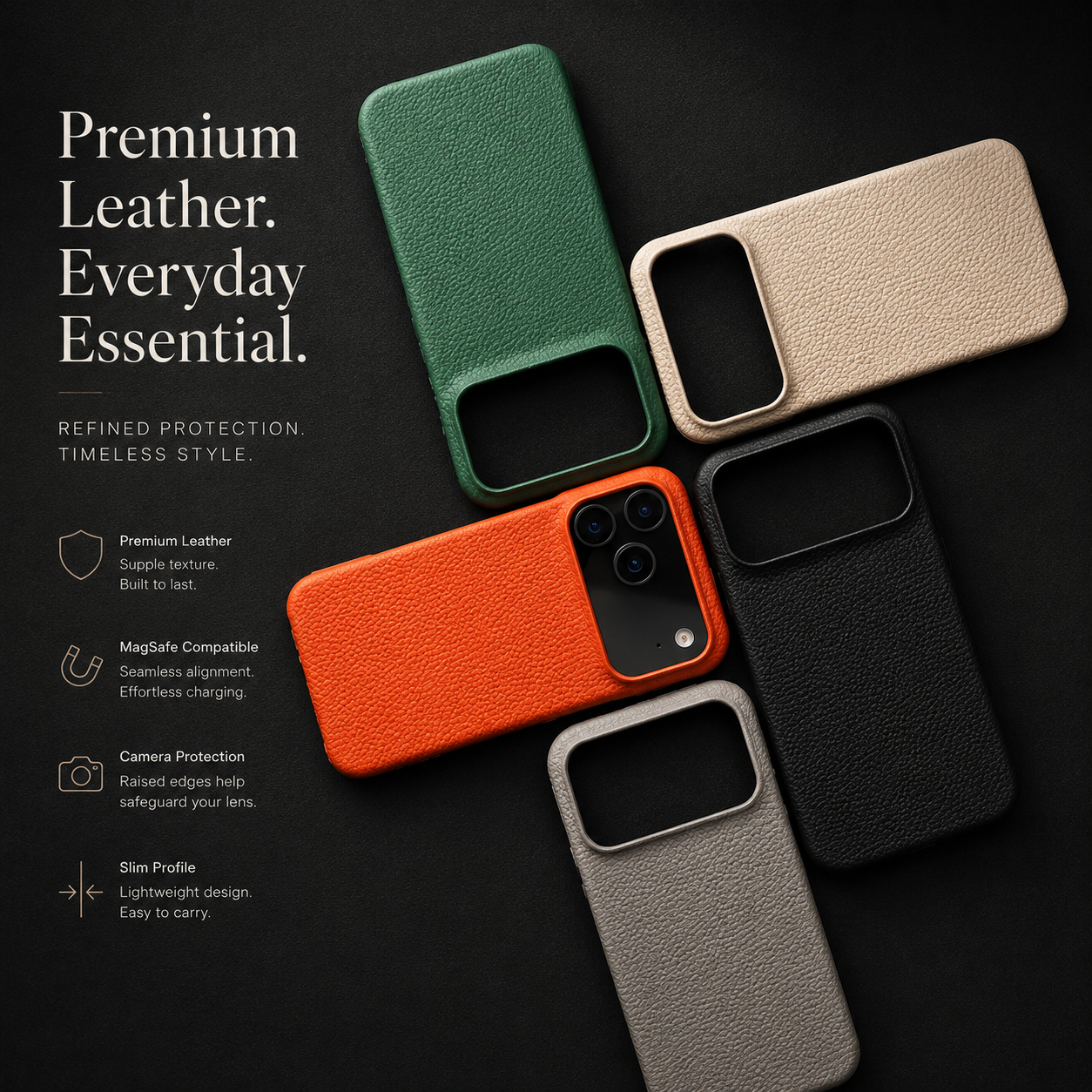 Premium iPhone Case MagSafe Compatible Lychee Cowhide Leather Luxury PC Shockproof Protective Cover Slim Full Coverage Magnetic Back Case