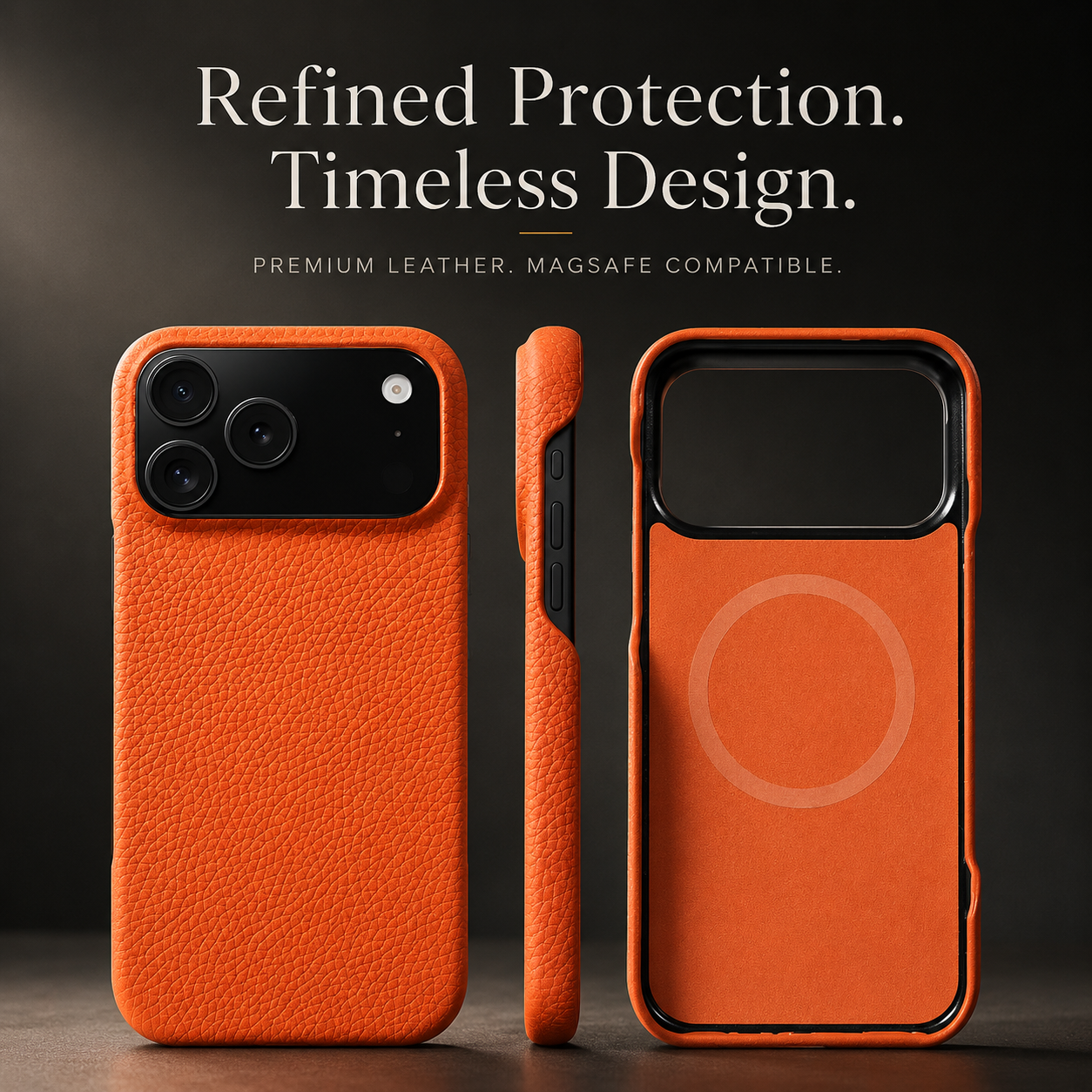 Premium iPhone Case MagSafe Compatible Lychee Cowhide Leather PC Shockproof Luxury Protective Cover Handmade Full Coverage Magnetic Back Design