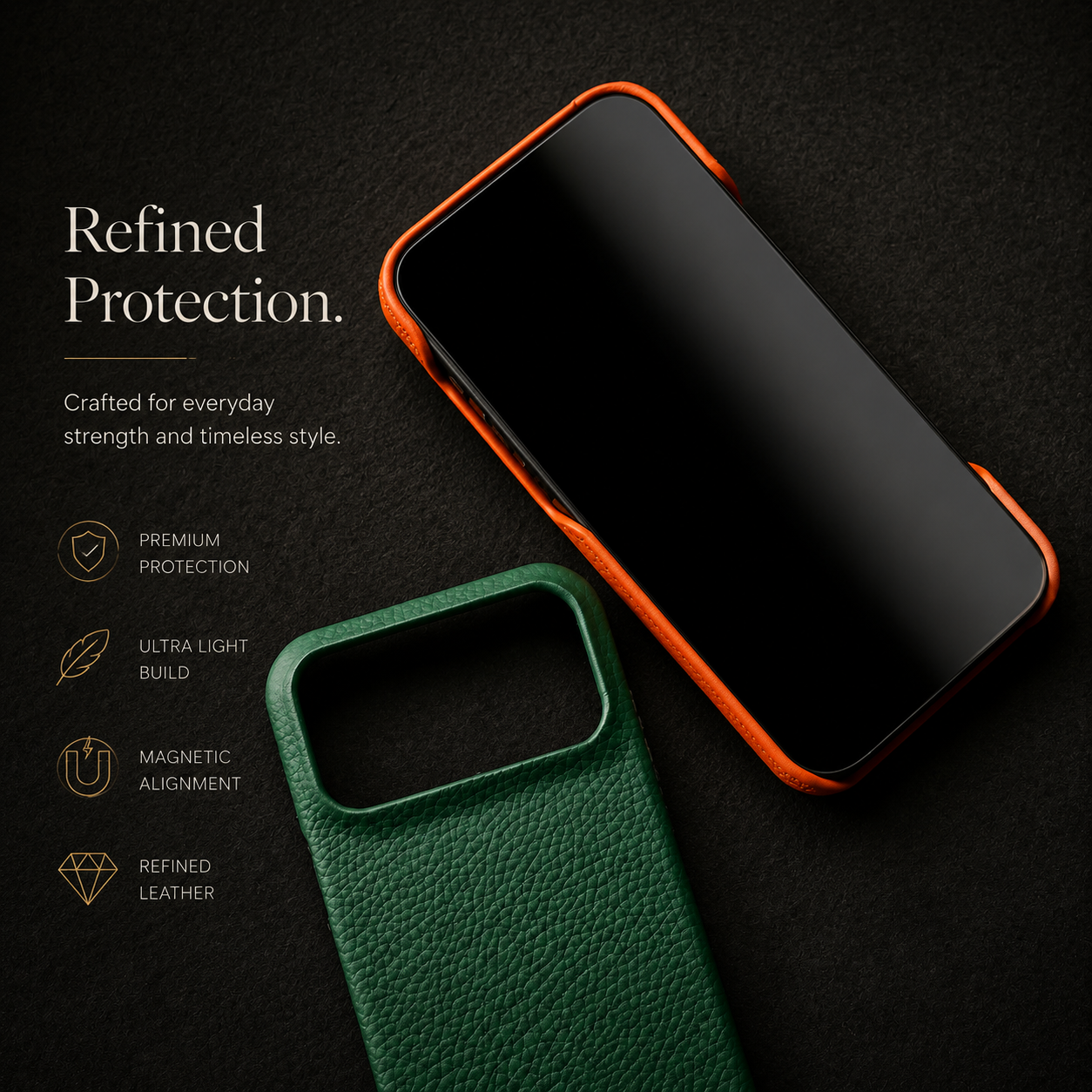 Premium iPhone Case MagSafe Compatible Lychee Cowhide Leather PC Shockproof Luxury Protective Cover Handmade Full Coverage Magnetic Back Design