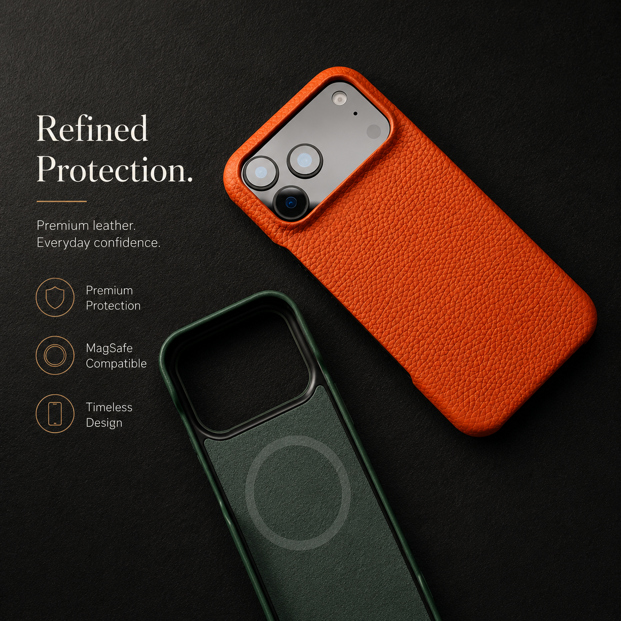 Premium iPhone Case MagSafe Compatible Lychee Cowhide Leather PC Shockproof Luxury Protective Cover Handmade Full Coverage Magnetic Back Design