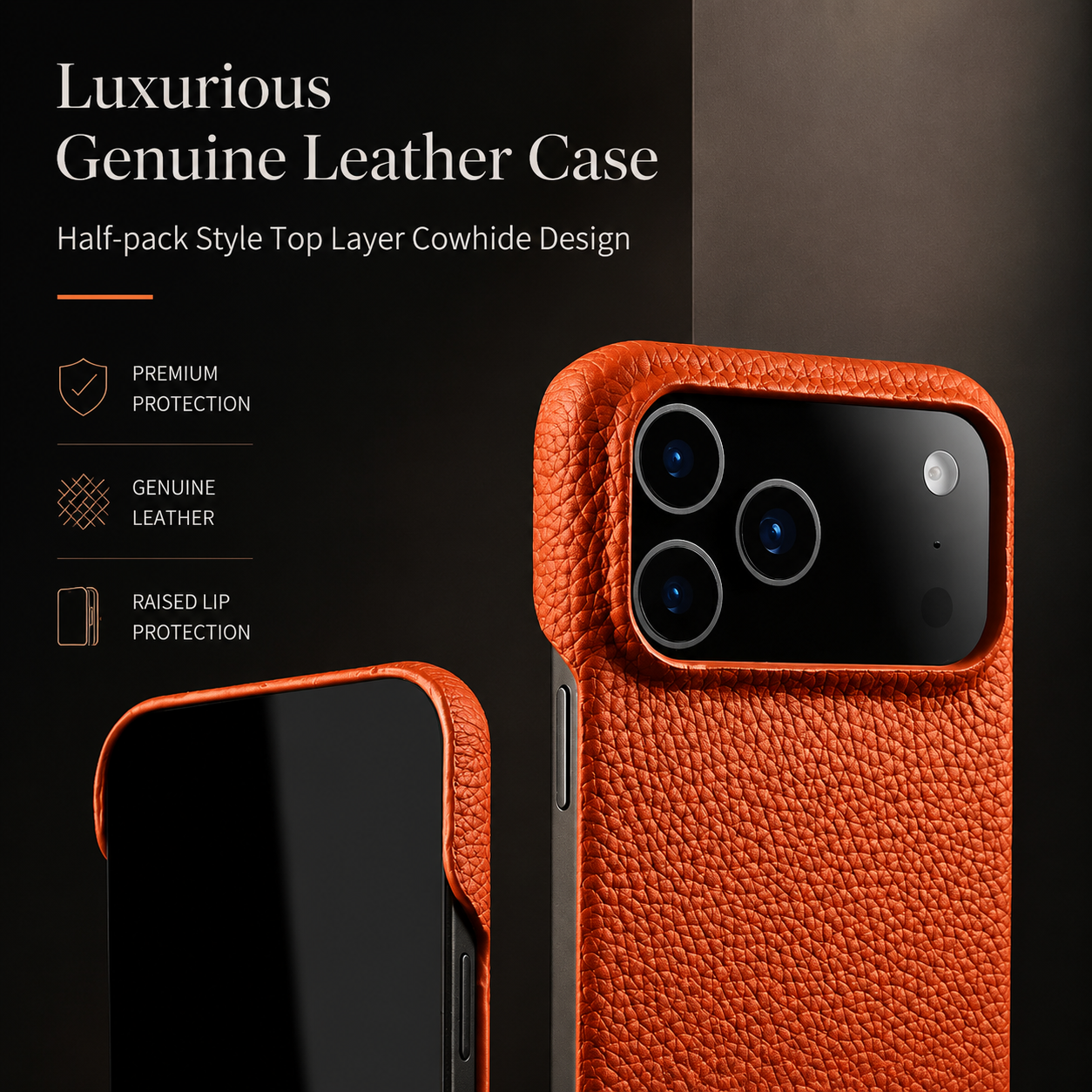 Premium iPhone Case MagSafe Compatible Lychee Cowhide Leather PC Shockproof Luxury Protective Cover Handmade Full Coverage Magnetic Back Design
