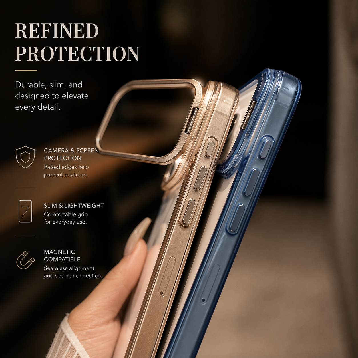 Premium iPhone Case MagSafe Compatible Magnetic Clear Protective Cover Camera Lens Stand Shockproof PC TPU Bumper Slim Full Coverage Design