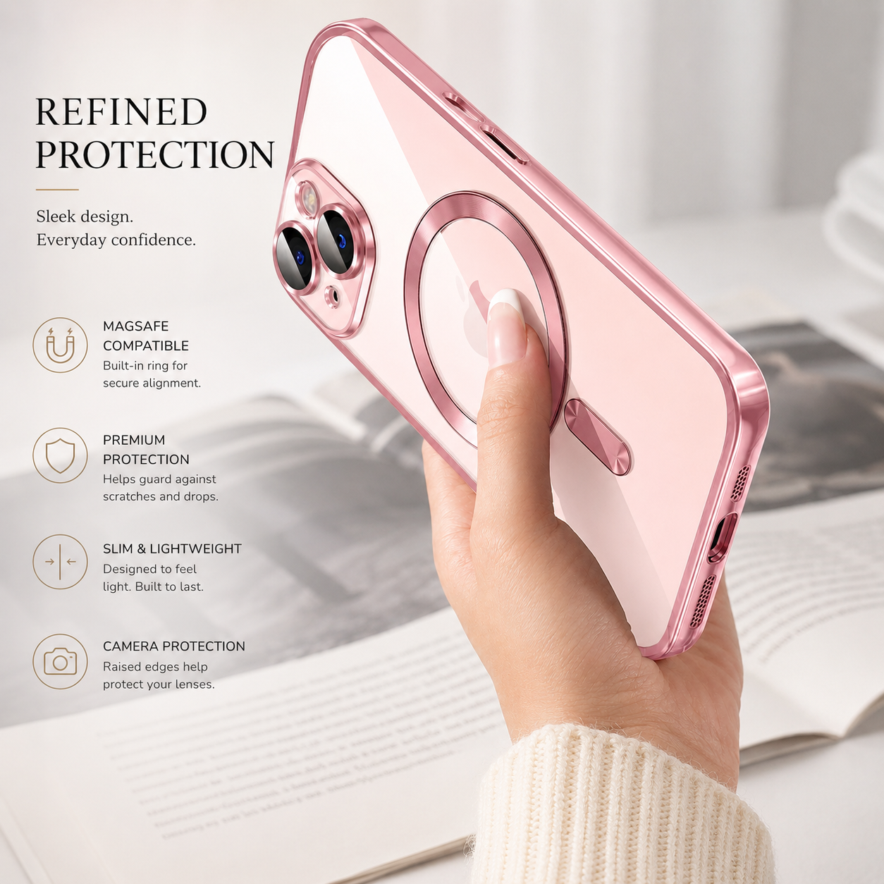 Premium iPhone Case MagSafe Compatible Magnetic Clear Protective Cover TPU Shockproof Camera Lens Protection Anti Fingerprint Anti Scratch Slim Half Wrapped