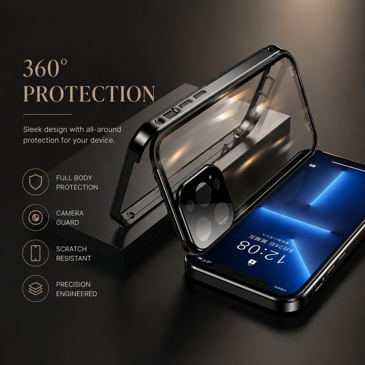 Premium iPhone Case MagSafe Compatible Magnetic Cover Double Sided Tempered Glass Metal Frame Sealed 360 Full Body Shockproof Camera Lens Protection Slim Design
