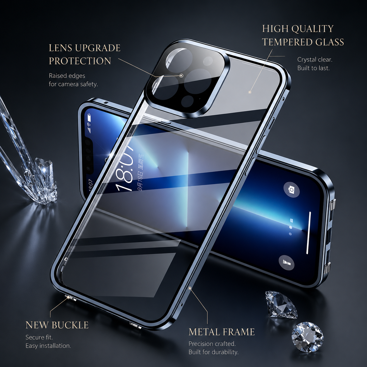 Premium iPhone Case MagSafe Compatible Magnetic Cover Double Sided Tempered Glass Metal Frame Sealed 360 Full Body Shockproof Camera Lens Protection Slim Design