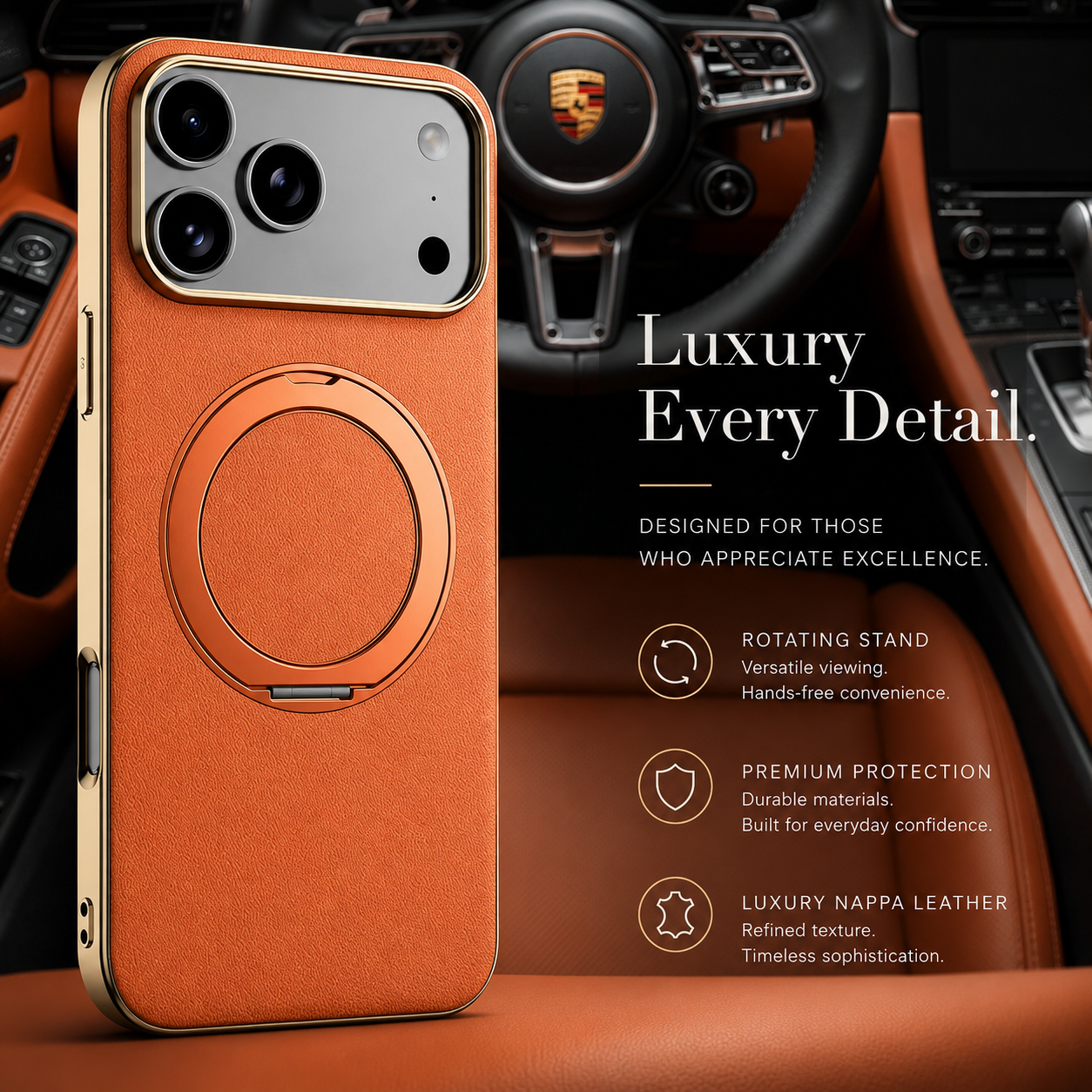 Premium iPhone Case MagSafe Compatible Magnetic Leather Cover Cowhide Ring Holder 360 Rotating Stand Shockproof Camera Protection PC TPU Full Coverage