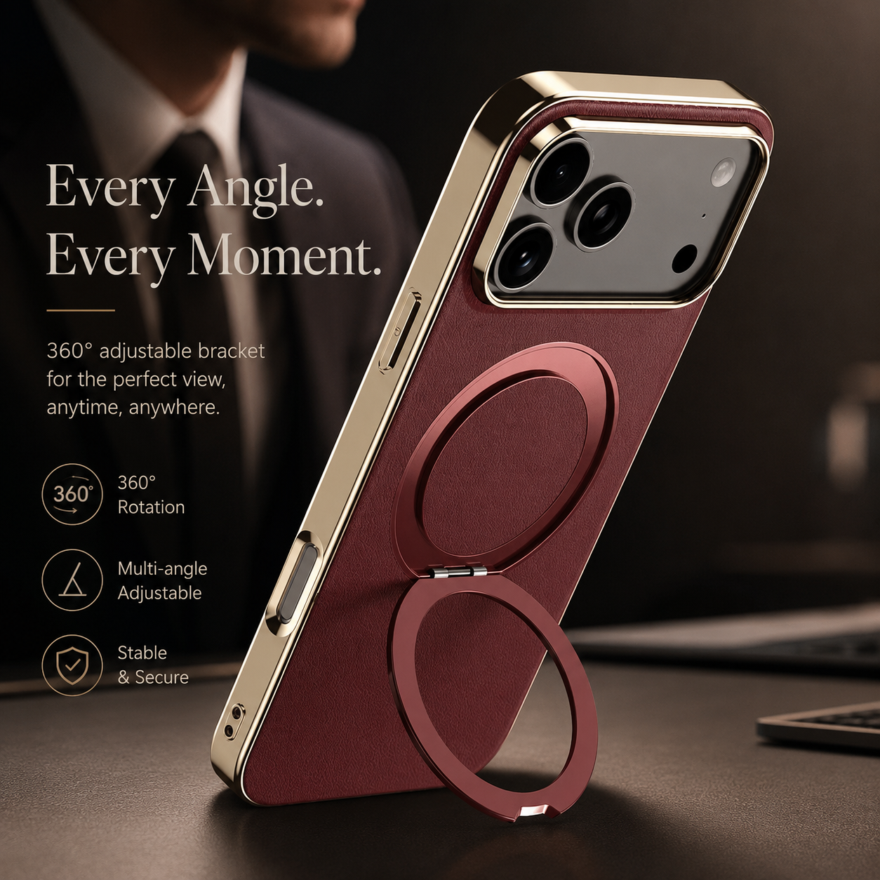 Premium iPhone Case MagSafe Compatible Magnetic Leather Cover Cowhide Ring Holder 360 Rotating Stand Shockproof Camera Protection PC TPU Full Coverage