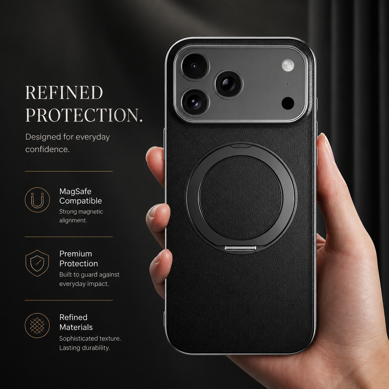Premium iPhone Case MagSafe Compatible Magnetic Leather Cover Cowhide Ring Holder 360 Rotating Stand Shockproof Camera Protection PC TPU Full Coverage