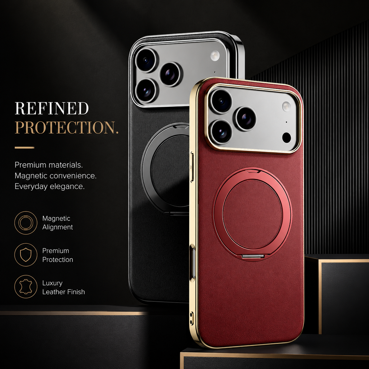 Premium iPhone Case MagSafe Compatible Magnetic Leather Cover Cowhide Ring Holder 360 Rotating Stand Shockproof Camera Protection PC TPU Full Coverage