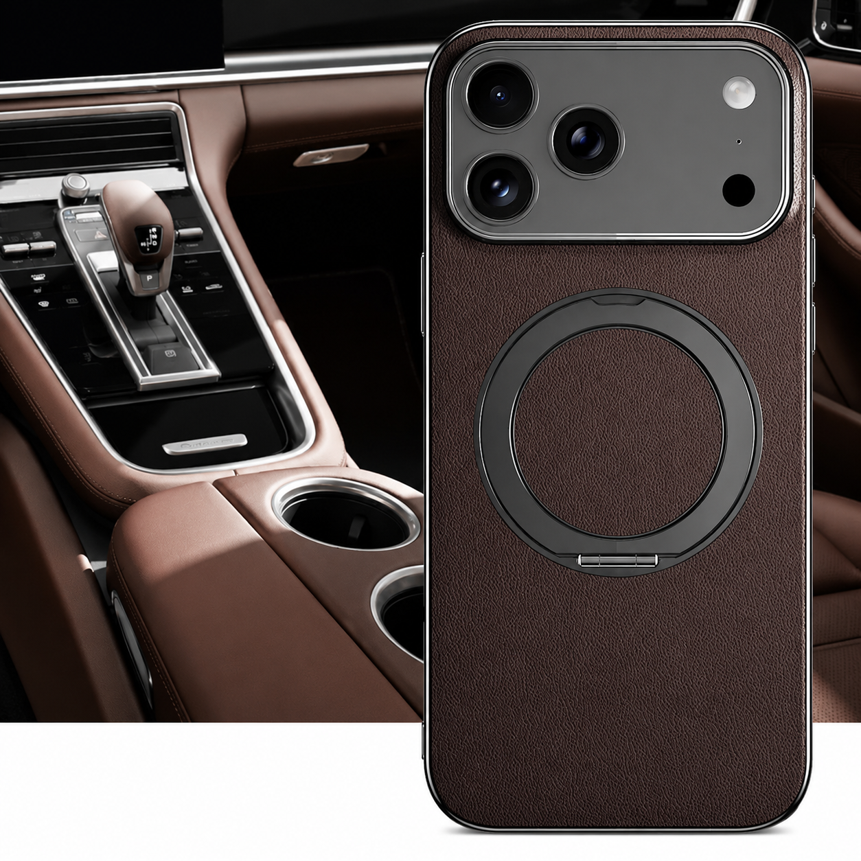 Premium iPhone Case MagSafe Compatible Magnetic Leather Cover Cowhide Ring Holder 360 Rotating Stand Shockproof Camera Protection PC TPU Full Coverage