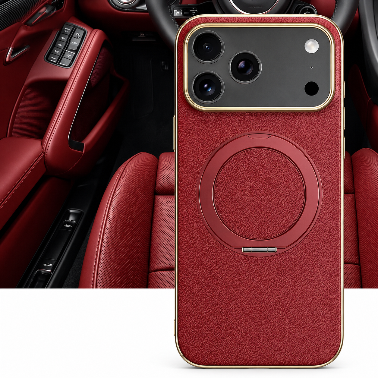 Premium iPhone Case MagSafe Compatible Magnetic Leather Cover Cowhide Ring Holder 360 Rotating Stand Shockproof Camera Protection PC TPU Full Coverage