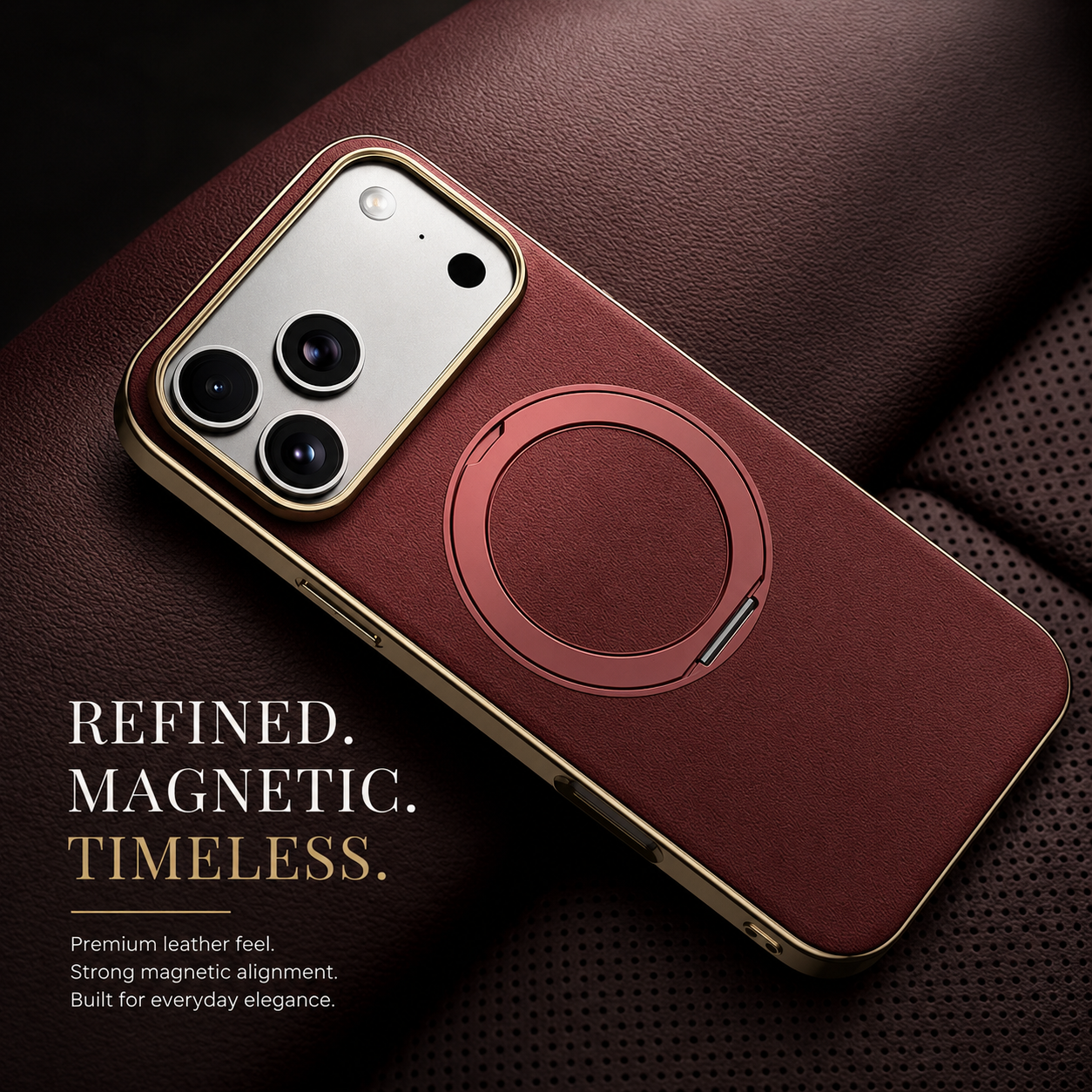 Premium iPhone Case MagSafe Compatible Magnetic Leather Cover Cowhide Ring Holder 360 Rotating Stand Shockproof Camera Protection PC TPU Full Coverage