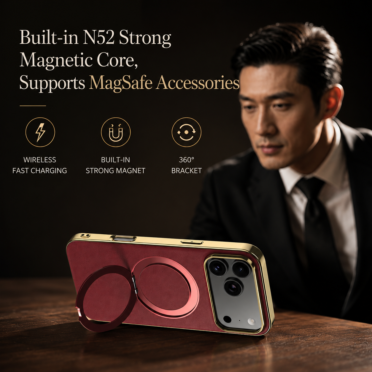 Premium iPhone Case MagSafe Compatible Magnetic Leather Cover Cowhide Ring Holder 360 Rotating Stand Shockproof Camera Protection PC TPU Full Coverage