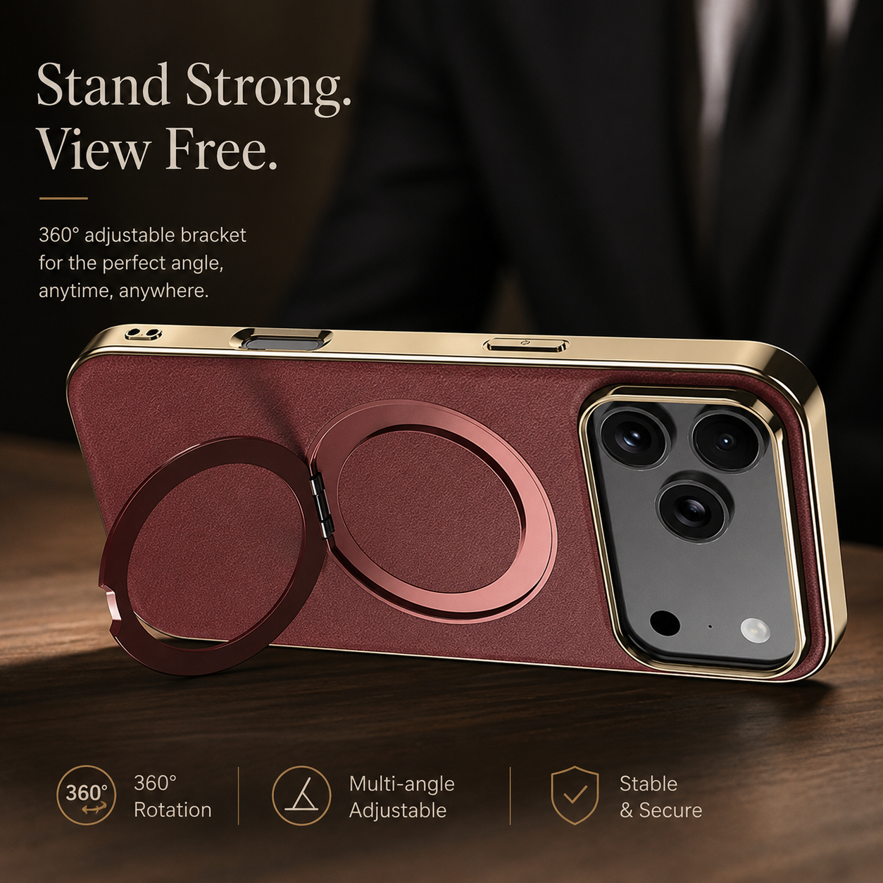 Premium iPhone Case MagSafe Compatible Magnetic Leather Cover Cowhide Ring Holder 360 Rotating Stand Shockproof Camera Protection PC TPU Full Coverage
