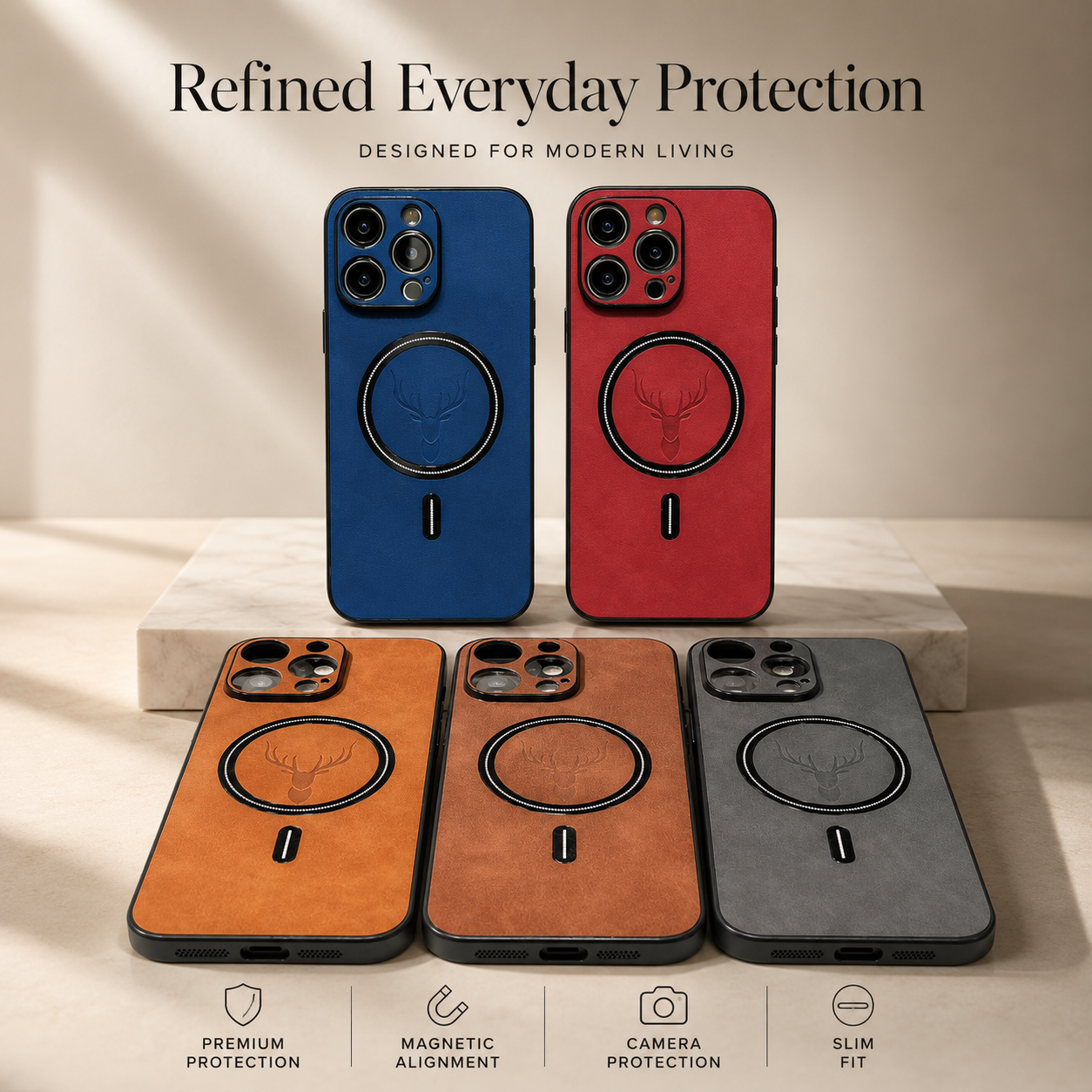 Premium iPhone Case MagSafe Compatible Magnetic Leather Cover Deer Head Design Shockproof Soft Protection Anti Fingerprint Matte Non Slip Slim