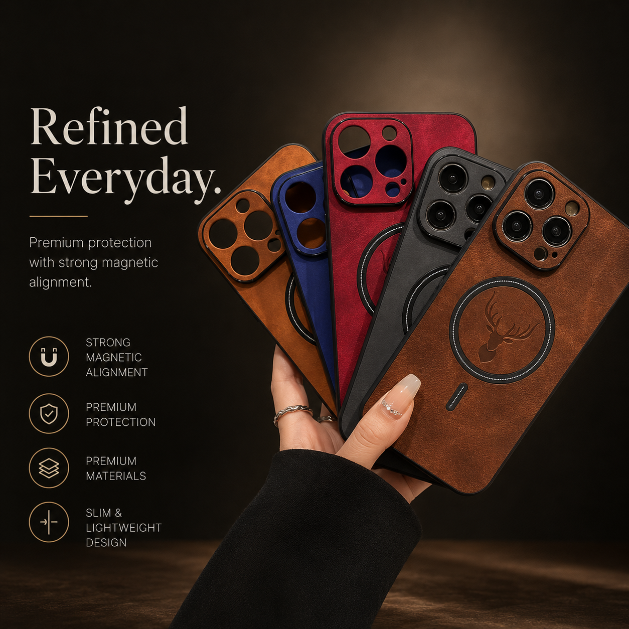 Premium iPhone Case MagSafe Compatible Magnetic Leather Cover Deer Head Design Shockproof Soft Protection Anti Fingerprint Matte Non Slip Slim