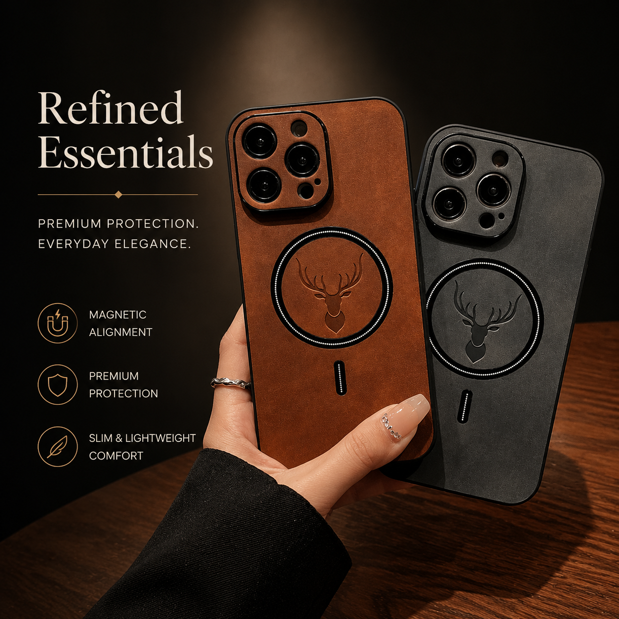 Premium iPhone Case MagSafe Compatible Magnetic Leather Cover Deer Head Design Shockproof Soft Protection Anti Fingerprint Matte Non Slip Slim