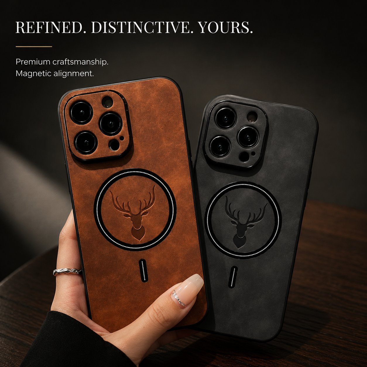 Premium iPhone Case MagSafe Compatible Magnetic Leather Cover Deer Head Design Shockproof Soft Protection Anti Fingerprint Matte Non Slip Slim