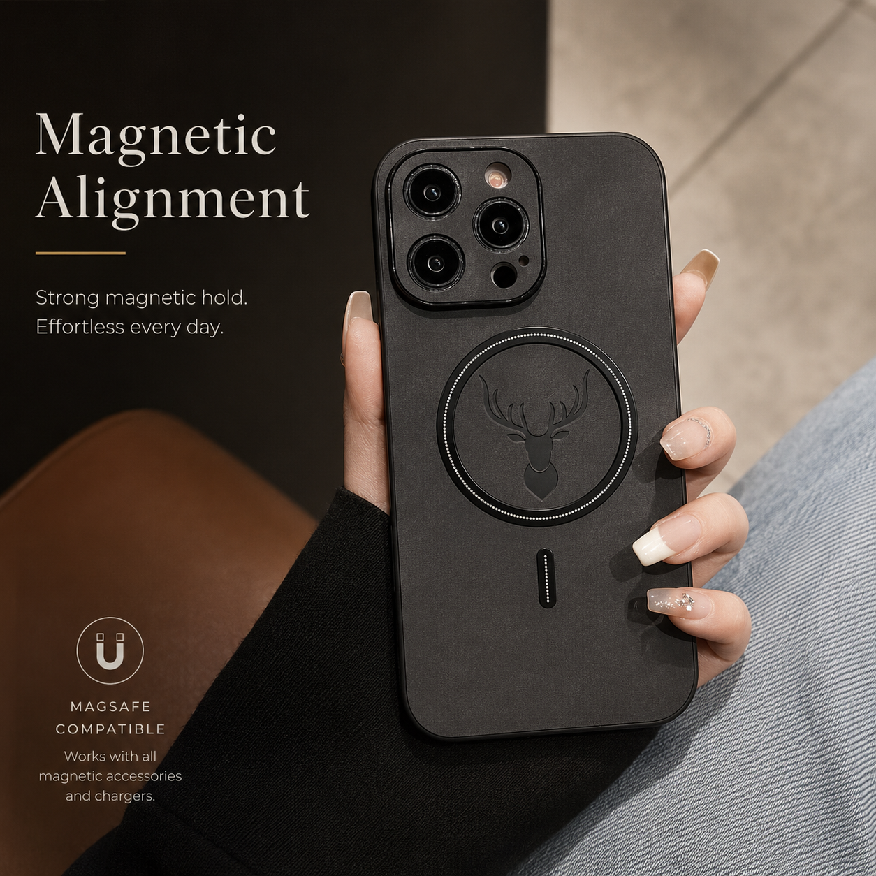 Premium iPhone Case MagSafe Compatible Magnetic Leather Cover Deer Head Design Shockproof Soft Protection Anti Fingerprint Matte Non Slip Slim