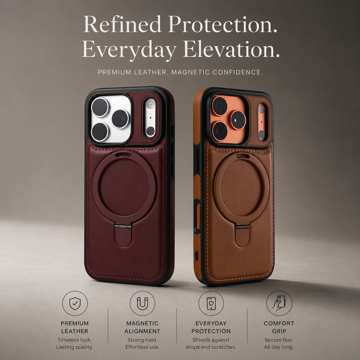 Premium iPhone Case MagSafe Compatible Magnetic Leather Cover Slim Shockproof Invisible Stand Retro Business Protective Camera Protection Full Coverage