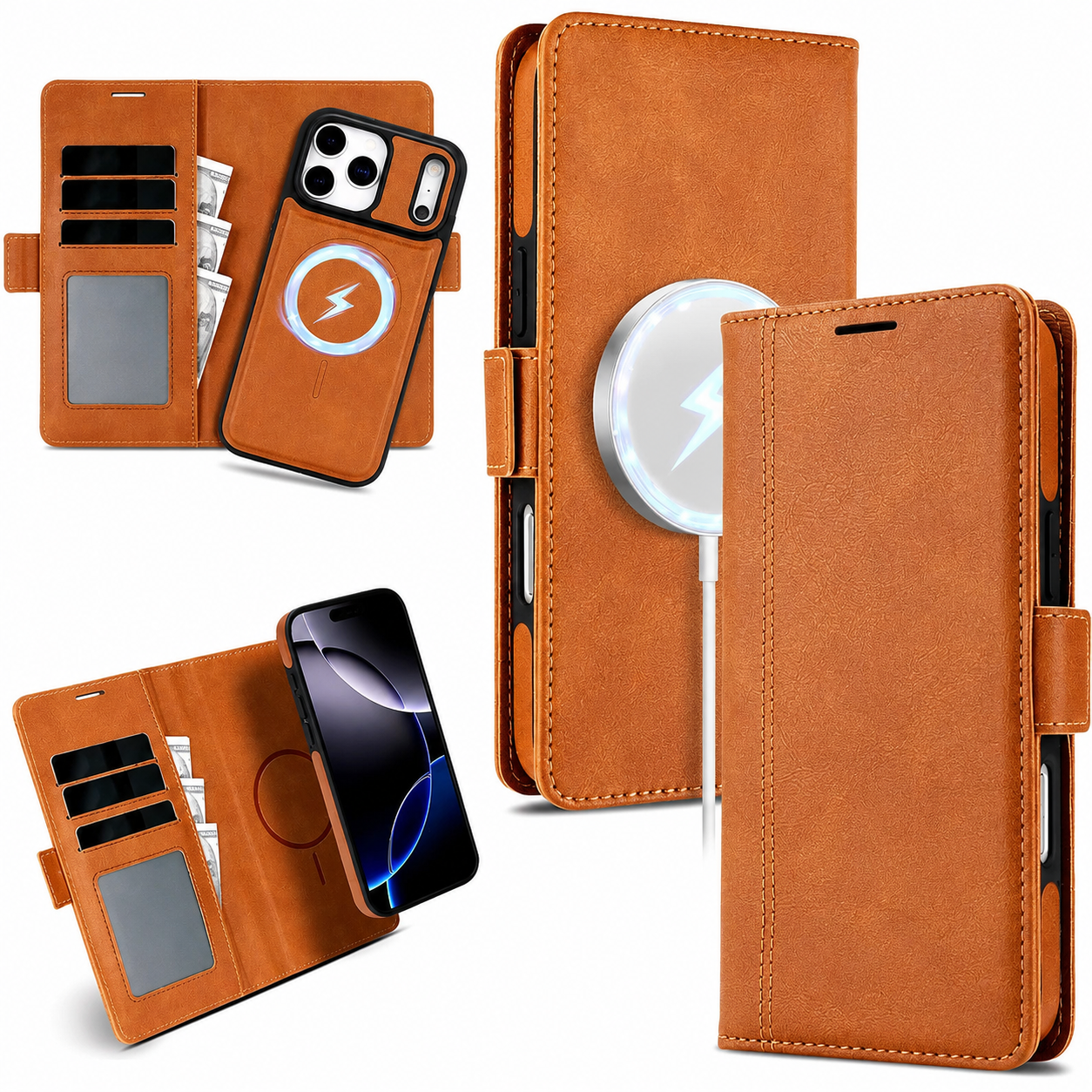 Premium iPhone Case MagSafe Compatible Magnetic Leather Wallet Cover Flip Card Holder Dual Layer Shockproof Matte Anti Fingerprint Protective Full Coverage
