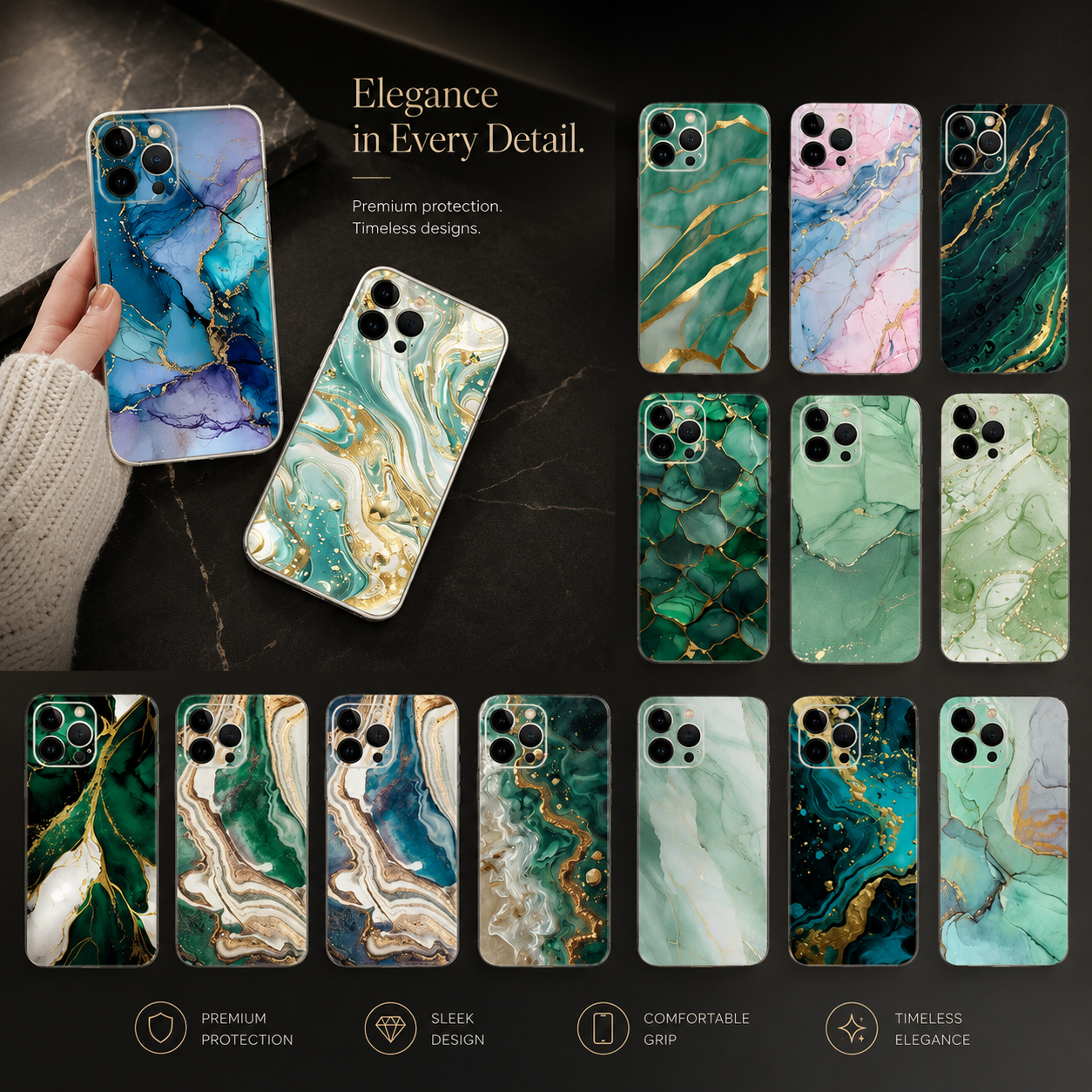 Premium iPhone Case MagSafe Compatible Marble Pattern Gold Frame Magnetic Cover Shock Absorbing Protective Camera Lens Guard Slim Full Coverage Design