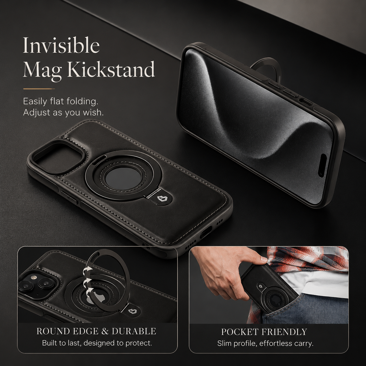 Premium iPhone Case MagSafe Compatible PU Leather Ring Stand Magnetic Cover 360 Rotating Kickstand Shockproof Camera Lens Protection Slim Design