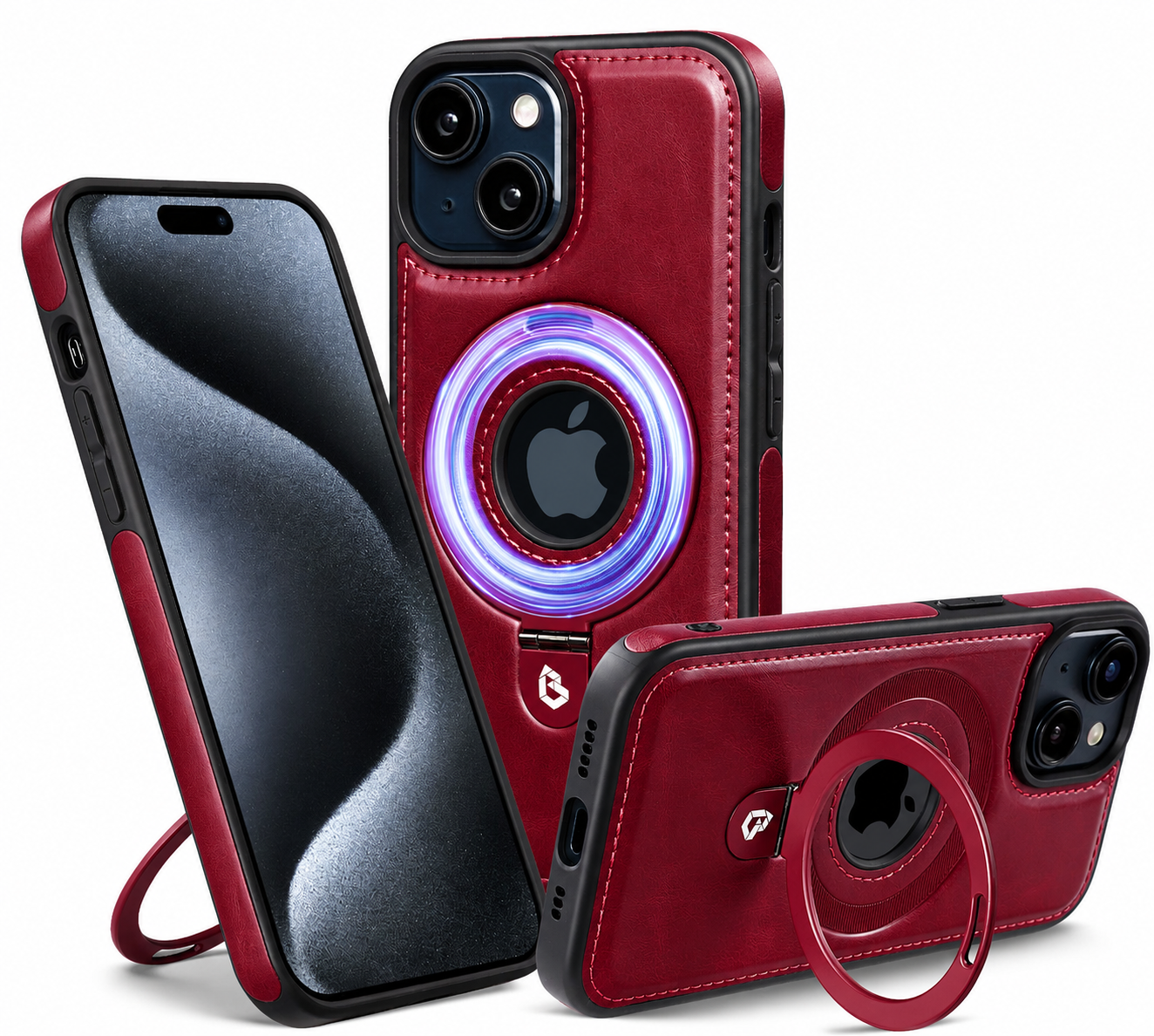Premium iPhone Case MagSafe Compatible PU Leather Ring Stand Magnetic Cover 360 Rotating Kickstand Shockproof Camera Lens Protection Slim Design