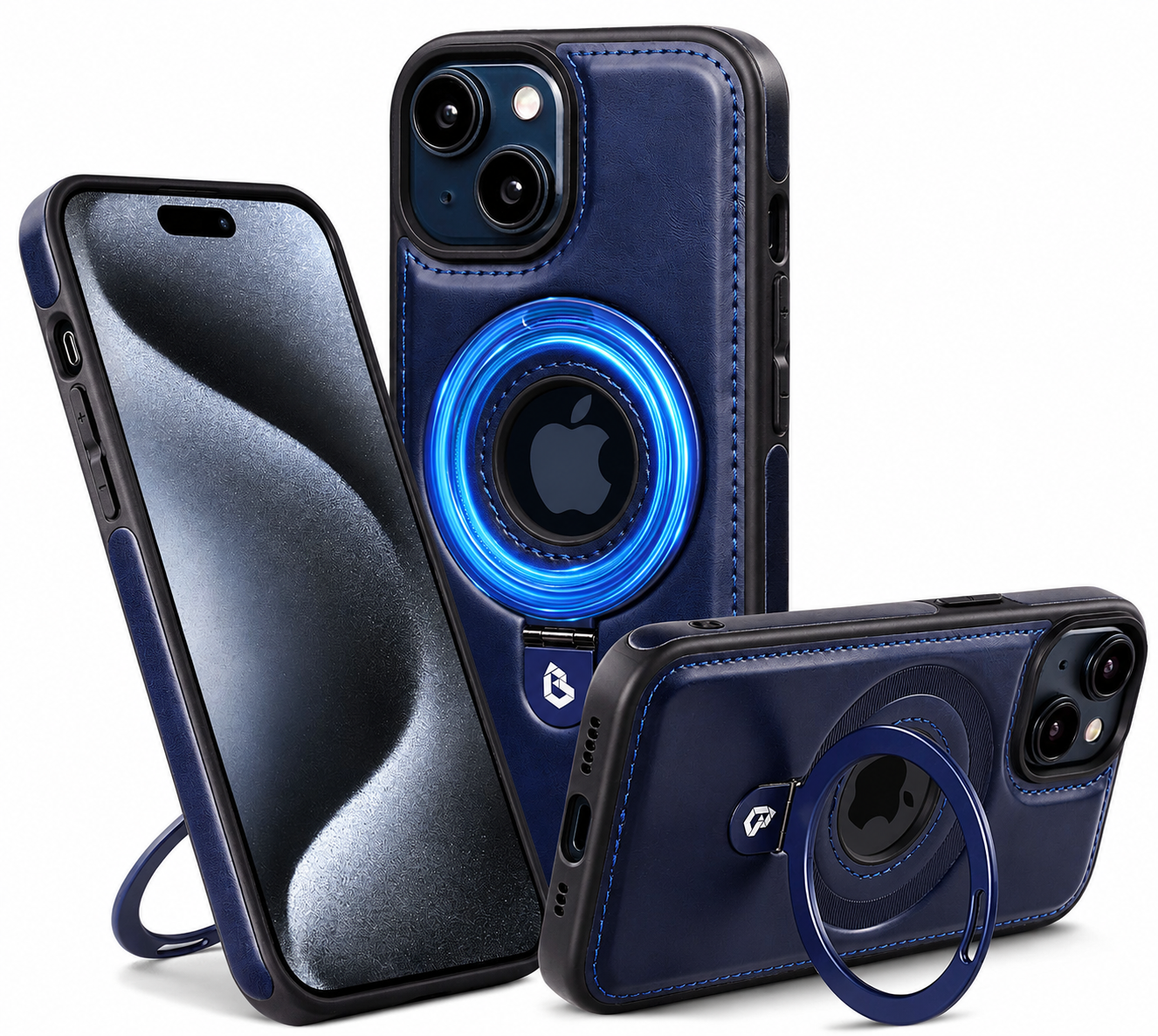 Premium iPhone Case MagSafe Compatible PU Leather Ring Stand Magnetic Cover 360 Rotating Kickstand Shockproof Camera Lens Protection Slim Design