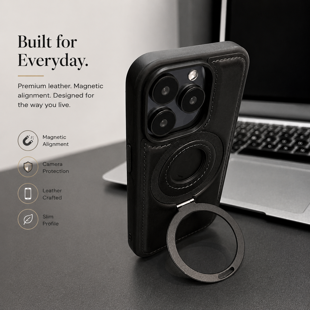 Premium iPhone Case MagSafe Compatible PU Leather Ring Stand Magnetic Cover 360 Rotating Kickstand Shockproof Camera Lens Protection Slim Design