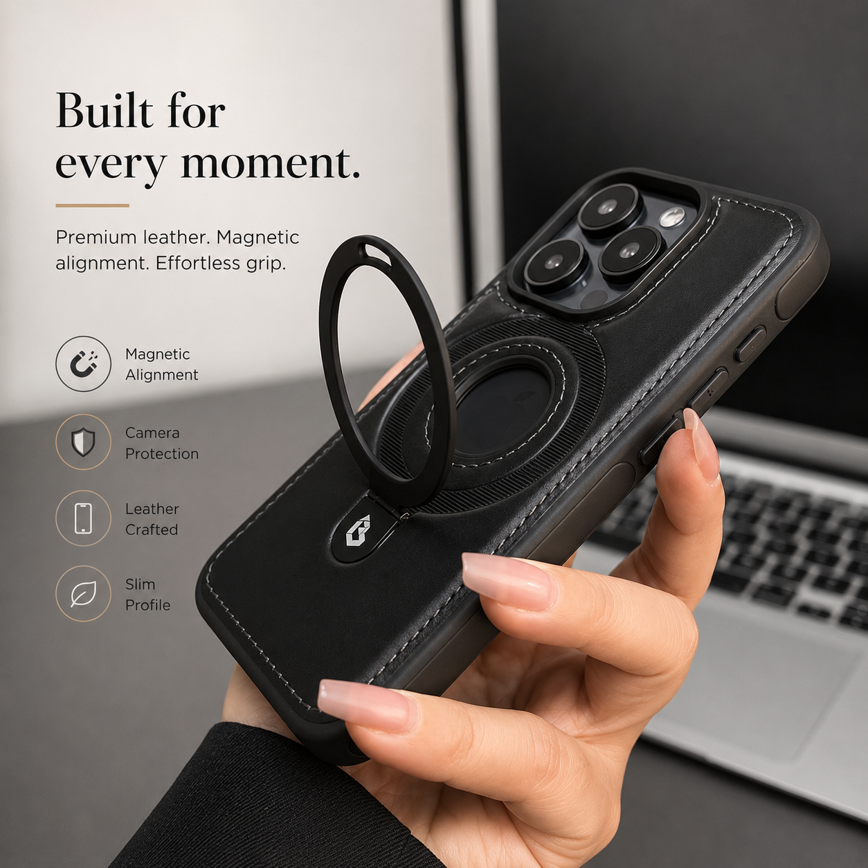 Premium iPhone Case MagSafe Compatible PU Leather Ring Stand Magnetic Cover 360 Rotating Kickstand Shockproof Camera Lens Protection Slim Design